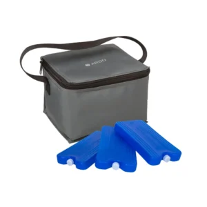Donkergrijs koeltasje voor moedermelk met drie koelelementen en ruimte voor zes Ardo flesjes van 150 ml.