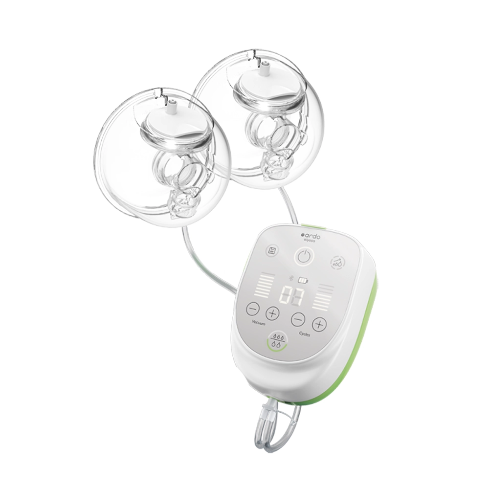 Ardo Alyssa handsfree dubbele elektrische borstkolf met twee transparante opvangcups en draagbare afkolfmotor.