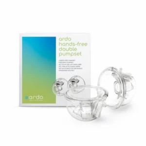 Ardo handsfree dubbele pumpset met twee transparante opvangcups van 180 ml, slangetjes en siliconen borstschelpen.