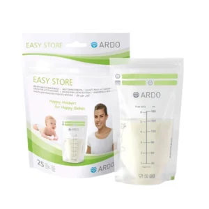 Verpakking met 25 Ardo Easy Store moedermelk bewaarzakjes met dubbele zipsluiting en schaalverdeling tot 180 ml.