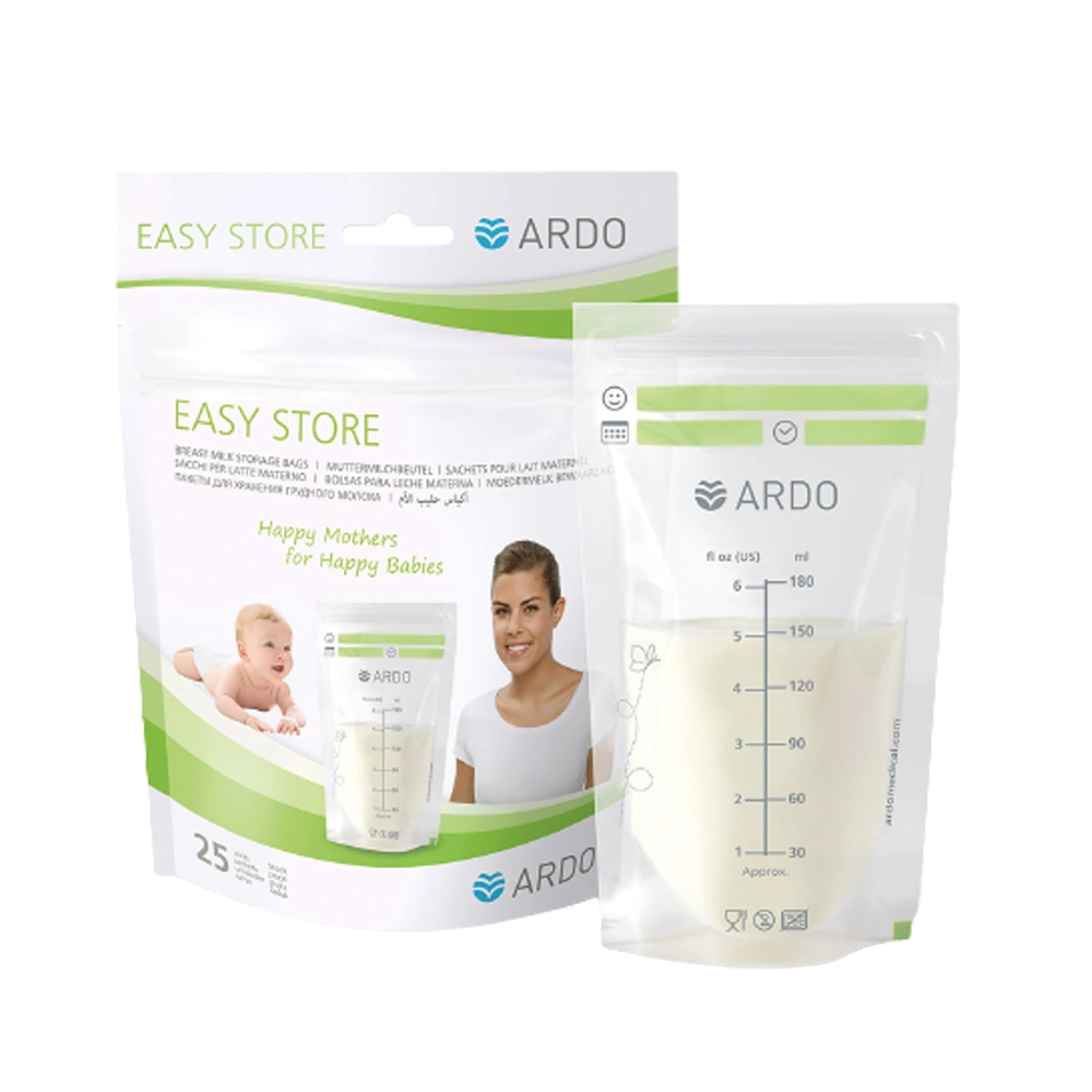 Verpakking met 25 Ardo Easy Store moedermelk bewaarzakjes met dubbele zipsluiting en schaalverdeling tot 180 ml.