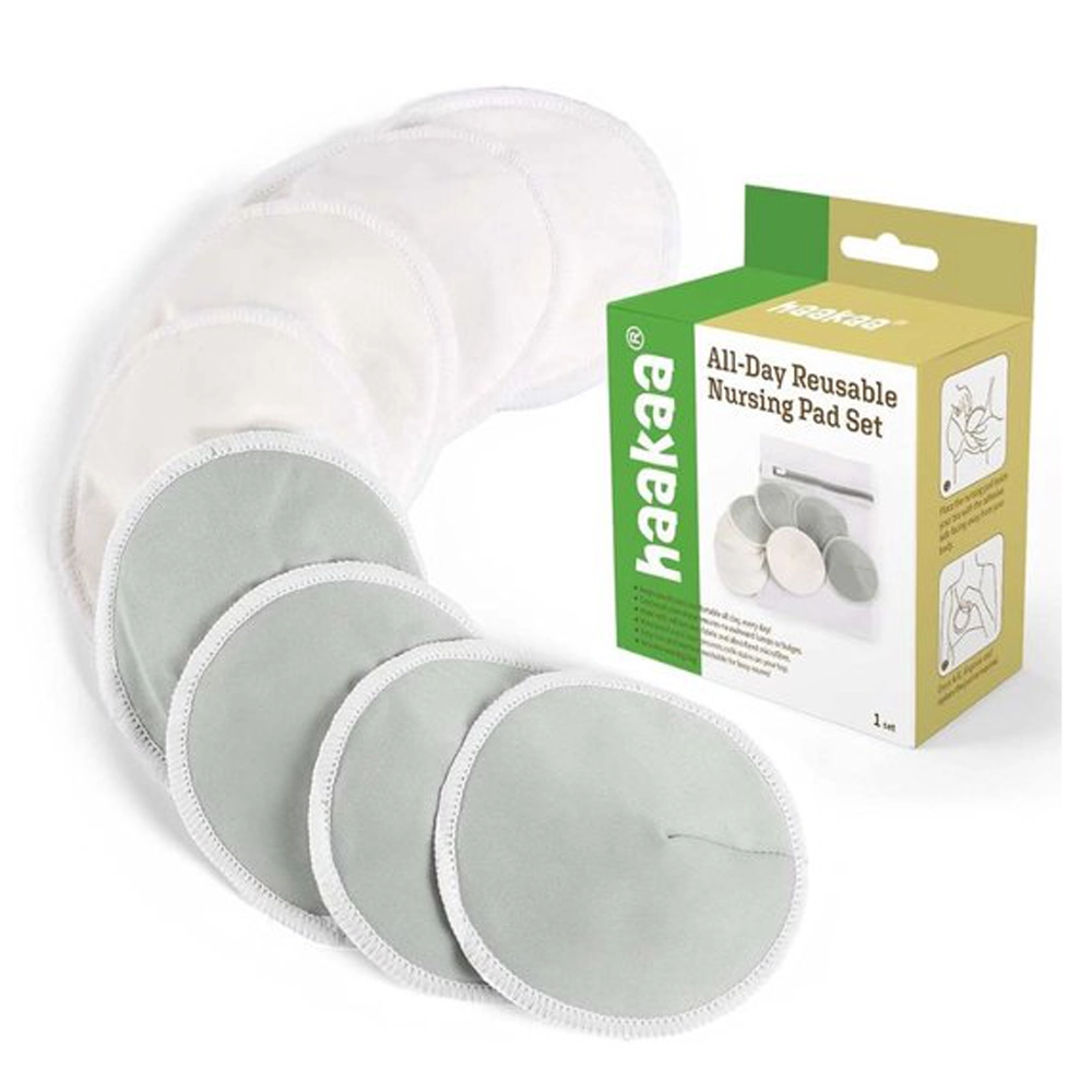 Haakaa® wasbare zoogkompressen van 12 cm, vier witte en vier grijze stuks met waszakje.