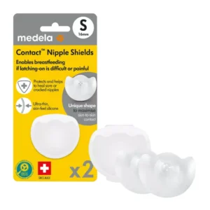 Twee Medela Contact tepelhoedjes van ultradunne siliconen met uitsparing en opbergdoosje maat S