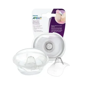 Twee Philips Avent siliconen tepelhoedjes met opbergdoosje voor ondersteuning bij borstvoeding.