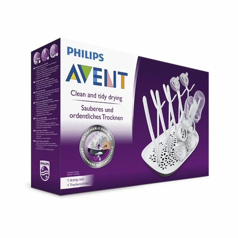 Philips Avent droogrek voor het drogen van babyflessen, een borstkolf en fopspenen, met afneembare lekbak.