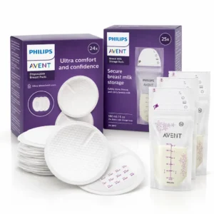Philips Avent borstvoeding starter bundel met 24 wegwerp zoogkompressen en 25 moedermelkbewaarzakjes.